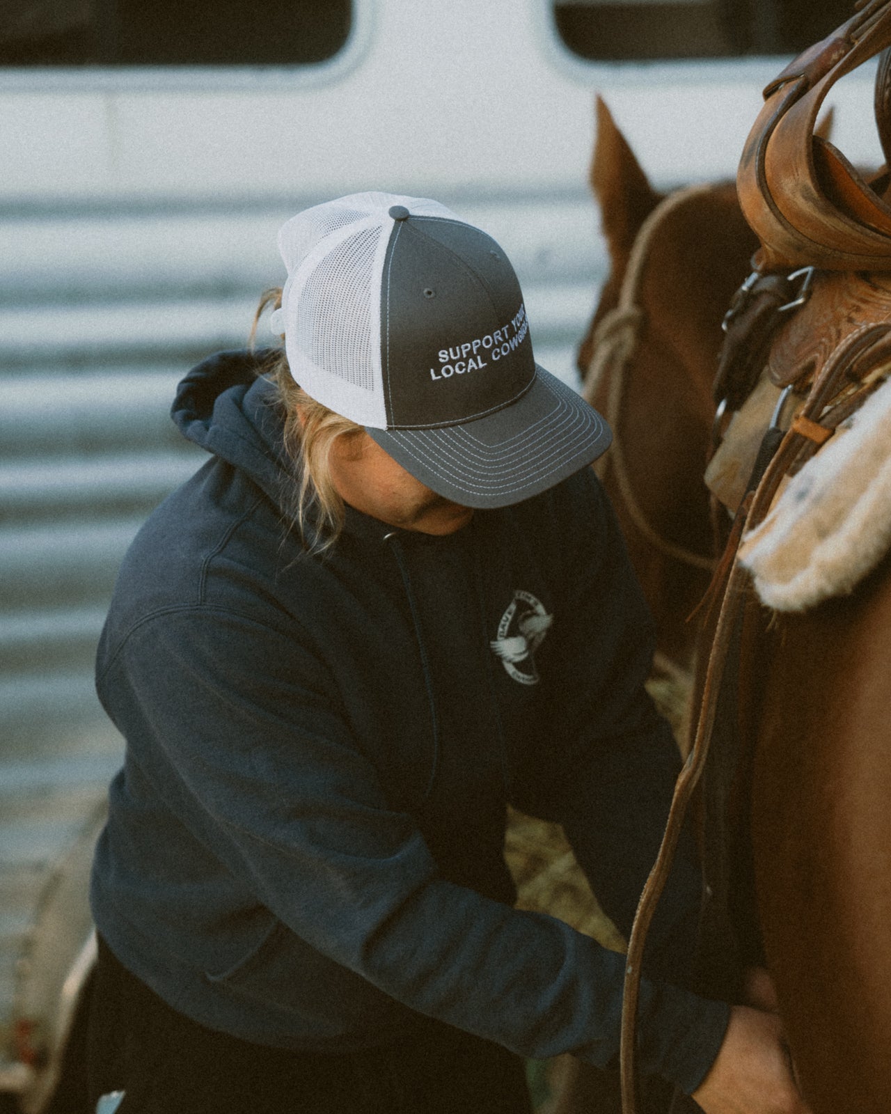 Support Your Local Cowgirls Gray And White Trucker Hat