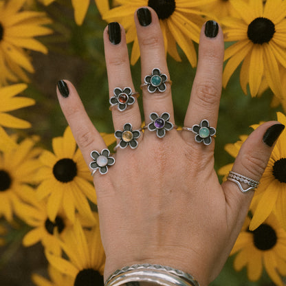 Flower Ring — Rainbow Moonstone — Size 5