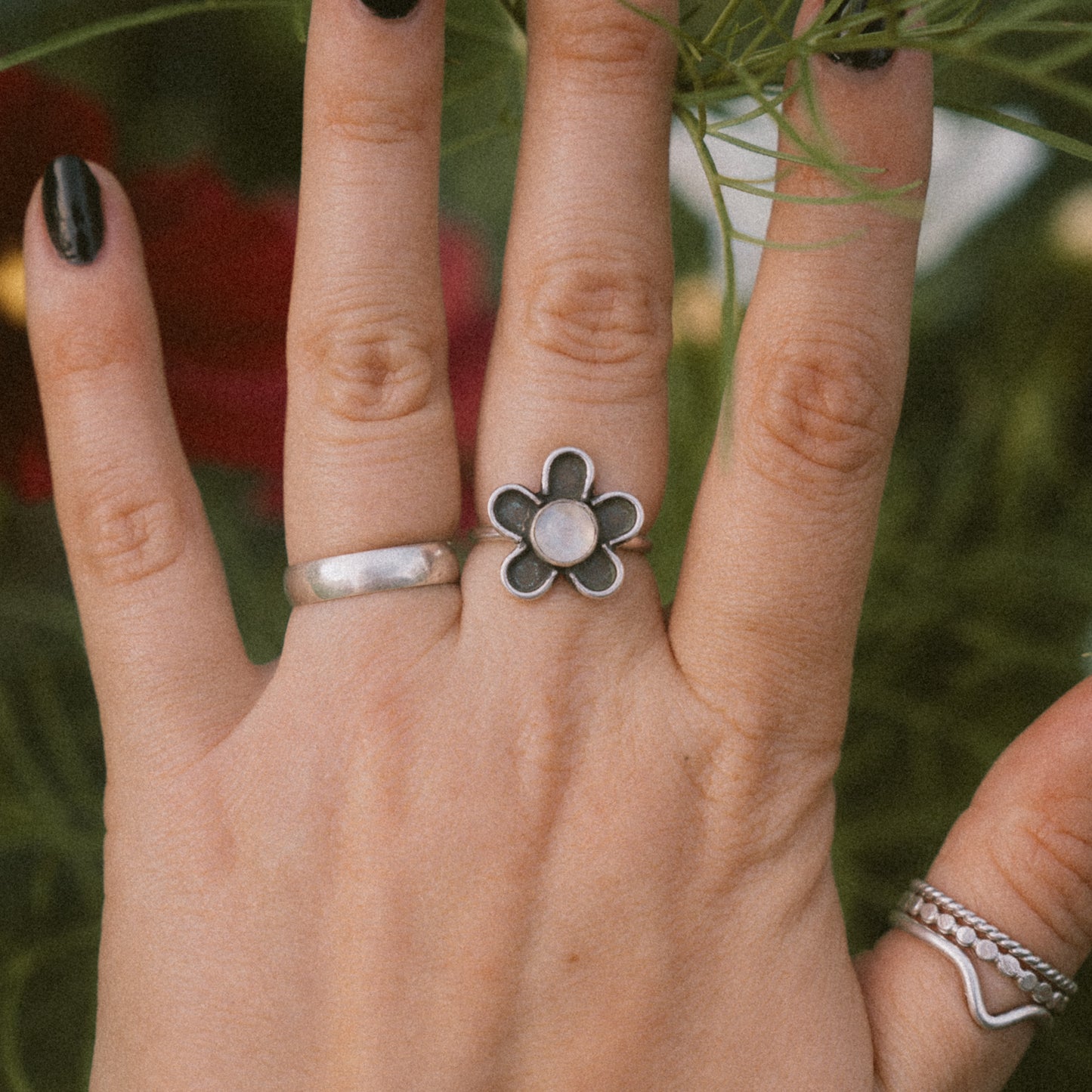 Flower Ring — Rainbow Moonstone — Size 5