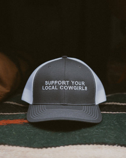 Support Your Local Cowgirls Gray And White Trucker Hat